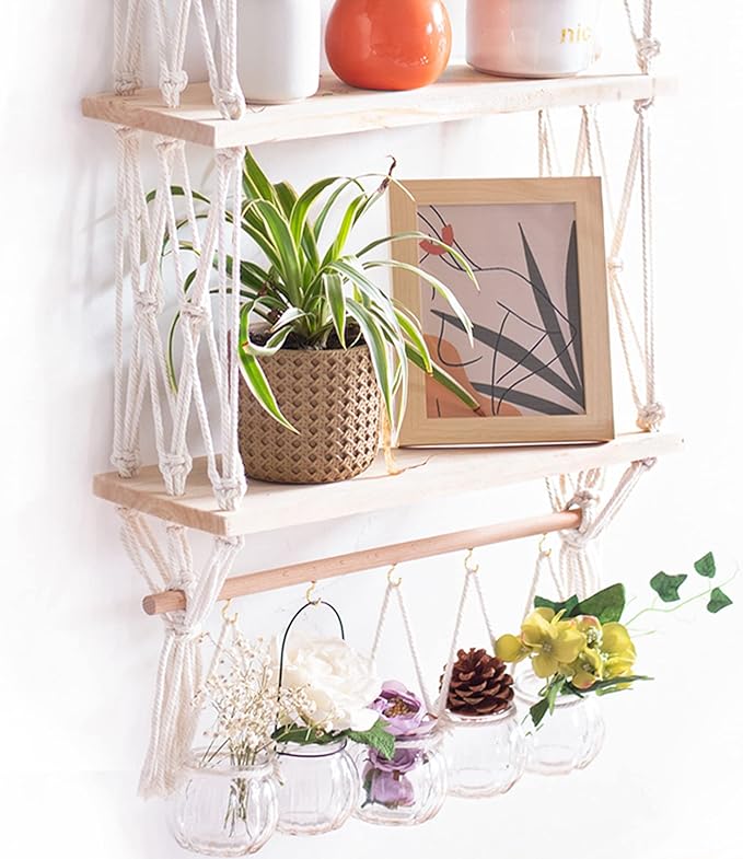 Wall Hanging Shelves Macrame Boho Floating Plant Photos Storage Rack Wood Shelf with Hooks for Bedroom Living Room Bathroom (3tier Shelves)