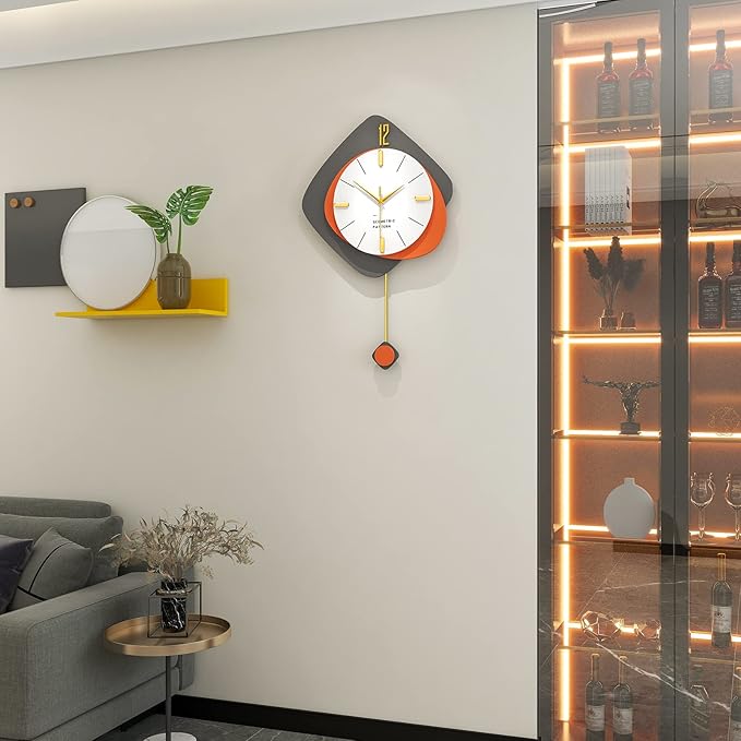 FLEBLE Modern Large Wall Clocks for Living Room Decor Wood Silent Decoration Wall Clock Pendulum Battery Operated Non-Ticking for Kitchen Bedroom Office Home 16 inch Clock Wall Decor for Indoor House