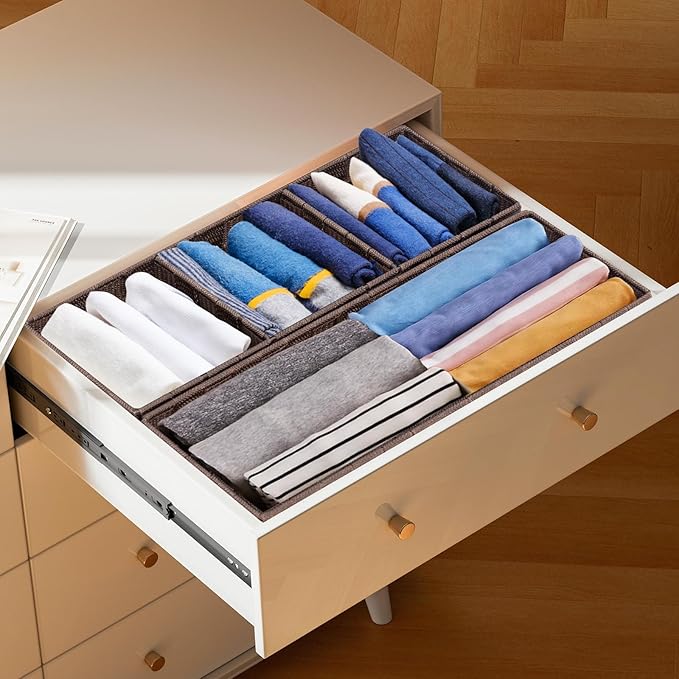 Drawer Organizer, Cube Baskets for Storage Shelves, Handmade Small Woven Basket, Shallow Storage Bins for Organizing Desk, Dresser, Kitchen, Pantry, Nested 7 Pack, Brown