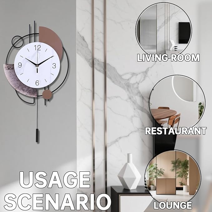 Wall Clock, Silent Non-Ticking Quality Quartz Battery Operated with Pendulum, Large Wall Clock for Living Room Kitchen Home Bathroom Bedroom Wall Decor, 13x21.65inch(Brown)