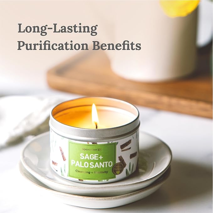Magnificent 101 Long Lasting Sage + Palo Santo Scented Smudge Candle | 6 Oz - 35 Hour Burn | Soy Wax Candle for House Energy Cleansing & Manifestation | Positive Vibes Only