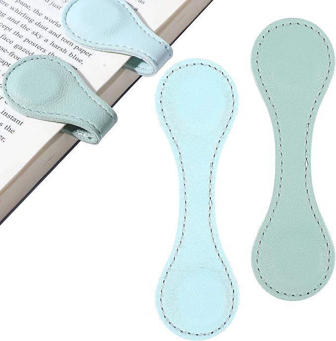 2 Pcs Leather Magnet Bookmark Retro Book Page Holder Vintage Page Marker Clip Handmade Cute Reading Accessories for Women Bookworm Book Lovers Reader Gift (Light Blue + Light Green)