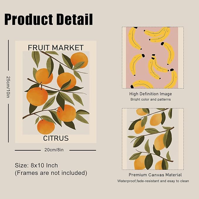 KBKBART Fruit Market Wall Art Print Set of 9, Abstract Colorful Posters, Prints Lemon Orange Banana Strawberry Mango Grapefruit Kitchen Gallery Decor, Canvas Paintings for Dining Room,