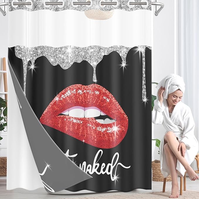 Red Lips No Hook Shower Curtain with Snap in Liner, Diamond Glitter Get Naked Black Bath Curtain with Double Layers Waterproof Fabric and Mesh Top Window 71x74 Inch