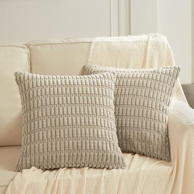 Fancy Homi 4 Packs Taupe Decorative Throw Pillow Covers 22x22 Inch for Living Room Couch Bed, Rustic Modern Farmhouse Boho Home Decor, Soft Plush Corduroy Cute Square Accent Cushion Case 55x55 cm
