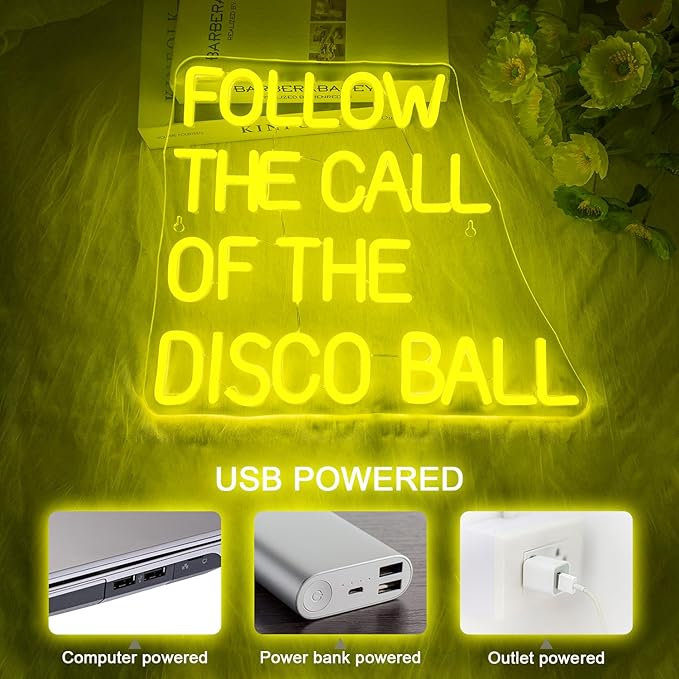 NOSUN Follow The Call of The Disco Ball Neon Sign,Neon Signs for Wall Decor,Yellow Neon Sign,Dimmable Disco Neon Lights for Disco Party Decor,Neon Signs Letter Led Lights For Dancing Club Wall Decor