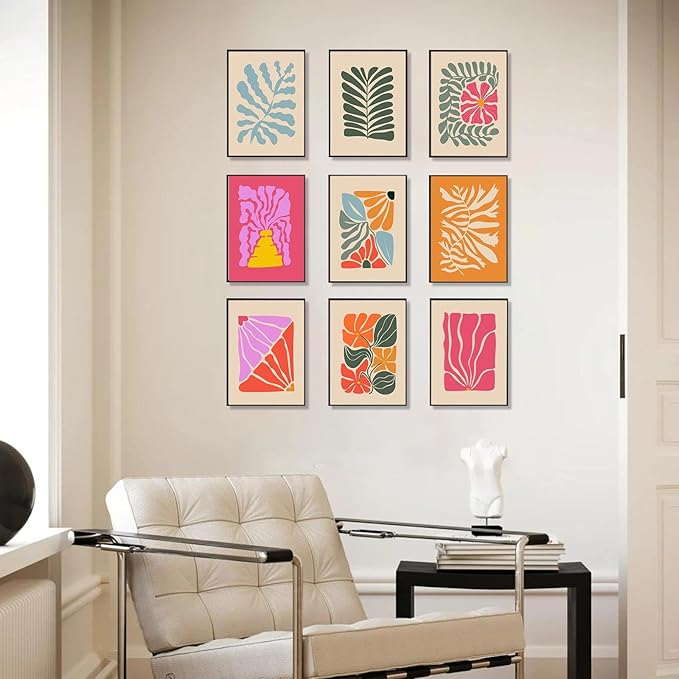 Abstract Botanical Prints Set of 9, Colorful Eclectic Gallery Wall Art Wavy Flower Floral Plant Wall Decor, Aesthetic Bedroom Decor Canvas Artwork Painting, Maximalist Art Prints & Posters for Boho