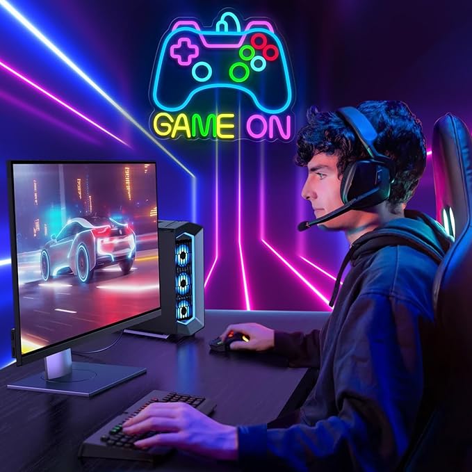 Game On Neon Sign for Gamer Wall Decor, USB Powered Dimmable Colorful Led Gaming Neon Signs for Boys Room, Teen Room, Wall Decor, Gamer Gifts for Teen, Men, Boys, Kids