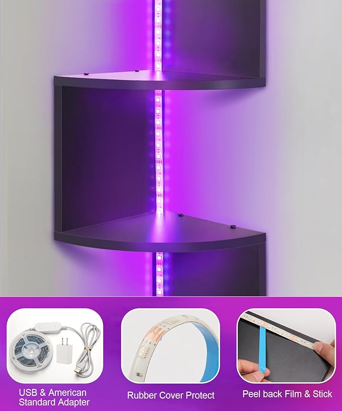 5 Tiers Corner Shelf with RGB LED Lights, 49.2" Wall Mount Floating Corner Display Shelf for Living Room Bedroom Home Office Decor, APP & Remote Control (Black)