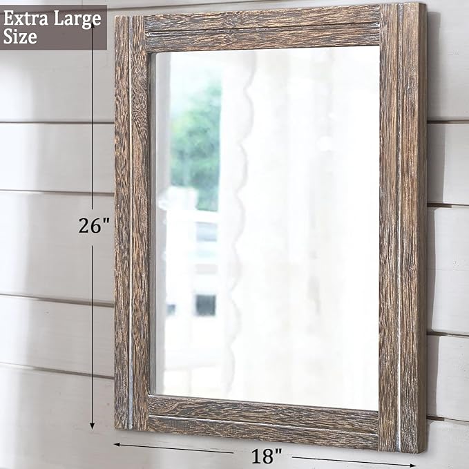 AAZZKANG Mirror with Wood Framed Rectangle Rustic Wall Mirrors Decor Large 26"x18" for Bedroom Bathroom Living Room Entryway