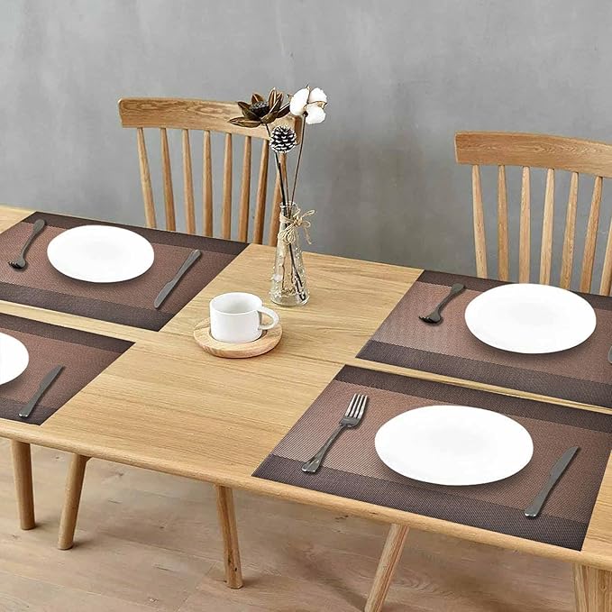 GIVERARE Placemats Set of 4, Heat-Resistant Woven Vinyl Placemat, Non-Slip Washable PVC Table Mat, Easy to Clean Premium Plastic Mats for Dining, Kitchen Table (Dark Brown)