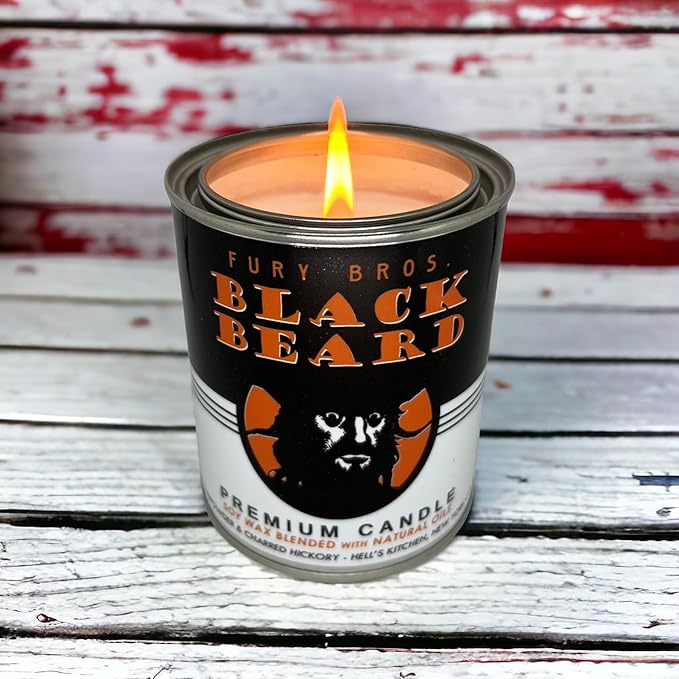 Scented Candles for Men | Black Beard | Gunpowder & Charred Hickory | Natural Soy Wax | Hand-Poured in the USA | Long 70-80 Hour Burn (12.5 oz) | Vintage-inspired Tin Design | Dad Home Gift