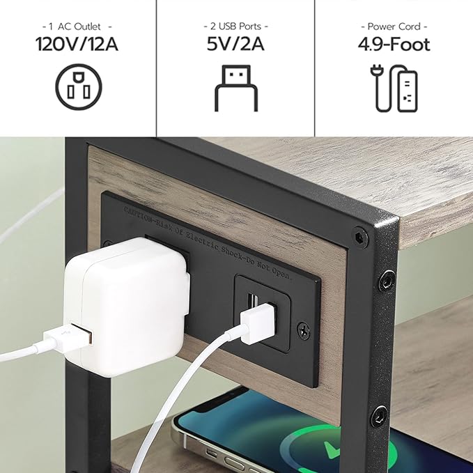 HOOBRO Small Narrow Side Table with Charging Station Set of 2, Skinny End Table for Small Spaces, Slim Nightstand with USB Ports Outlet, Sofa Beside Table with Storage Shelf BG102UBZP201