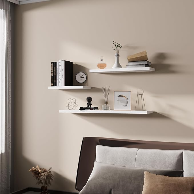 Floating Shelves 24 Inch Wall Shelf Solid Wood Mounted Storage for Bedroom Living Room Set of 2, White Wall Shelves