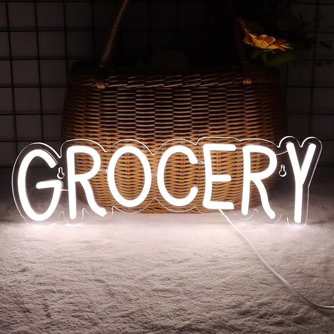 JFLLamp Grocery Neon Signs for Wall Decor Neon Lights for Bedroom Led Business Signs Suitable for Variety Store Groceries Christmas Birthday Party 5V Power Adapter, 16.2 * 4.9 Inch(White)