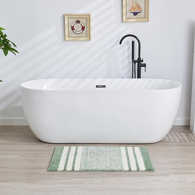 CozeCube Sage Green Striped Bath mats for Bathroom Non Slip, Fluffy Absorbent Microfiber Bath mat Washable, Aesthetic Bathroom Rugs, Cute Bath mat for Sink, 20" x 32"