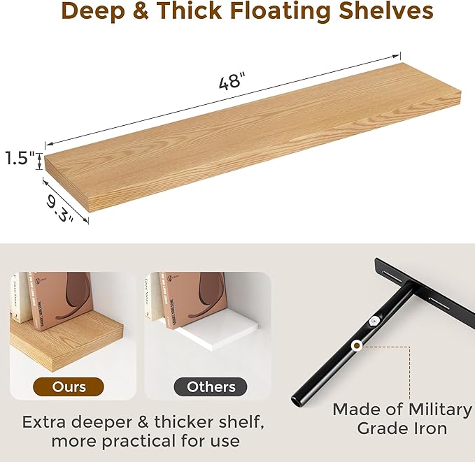 48"W x 9"D Floating Shelves Set of 2, 9.3 Inch Deep Floating Shelves Wall Mounted, Wide Wall Shelves Invisible Bracket, Deep Storage Shelves for Living Room, Bathroom, Kitchen, Oak Color