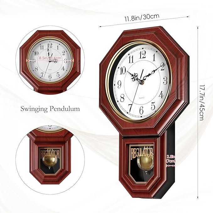 Regulator Wall Clock with Pendulum,Imitation Red Wood Plastic Wall Clock Battery Operated,Vintage Decorative Wall Clocks for Living Room,Farmhouse,Office,Bedroom,Kitchen,Wall Decor