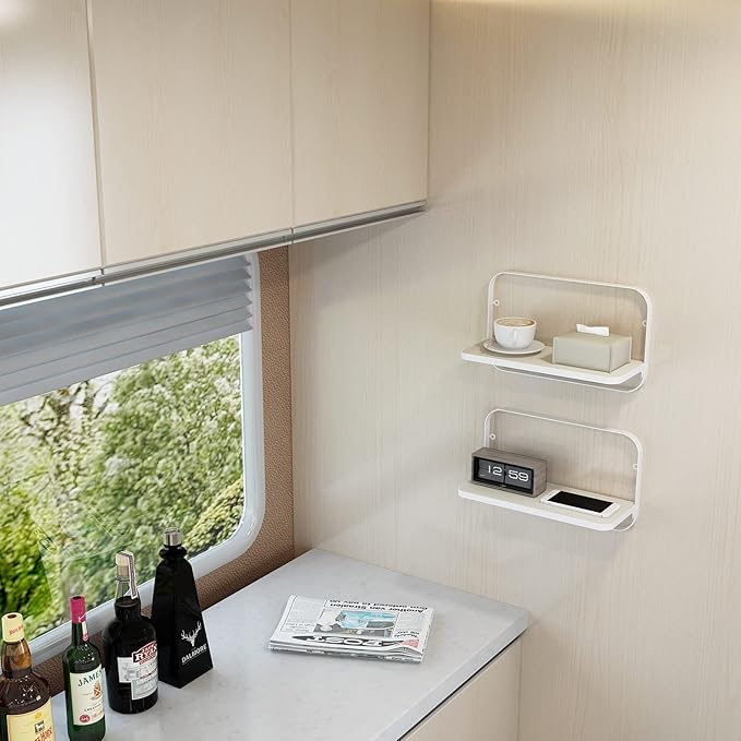WELLAND Arlington Floating Shelves Set of 2 | Folding Display Wall Shelves | Walnut Grain Wooden Board & Metal Frame | 12" W x 5" D x 7" H | White (Upgraded)