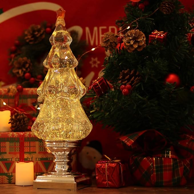 DRomance Christmas Tree Snow Globe Lantern with Music, LED Light-up Singing Snow Globe with Timer Battery Operated USB Powered Holiday Decor(Silver)