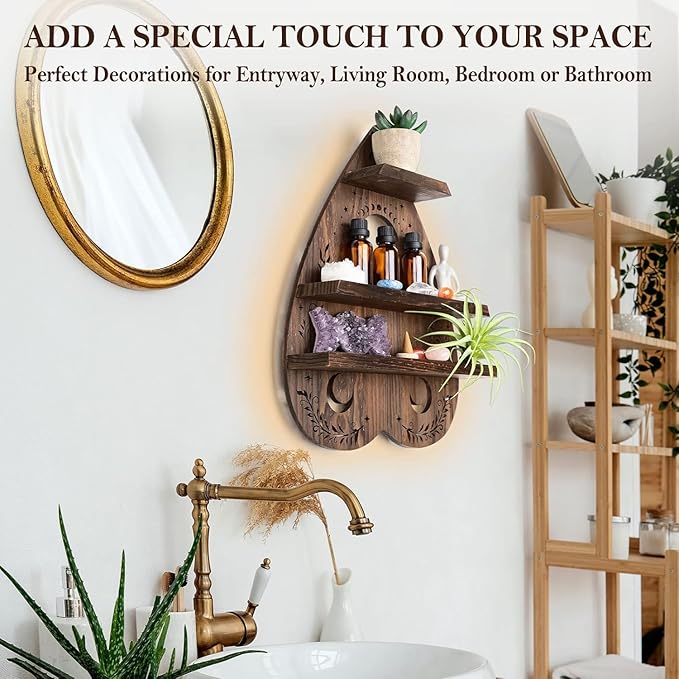 ANROYE Planchette Crystal Wall Shelf Display for Stone, Ouija Vintage Pagan Crystal Holder Art Decor with Light, Wooden Wiccan Gem Storage for Bohemian Home, Boho Organizer for Women