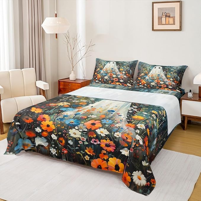 Feelyou Halloween 4 Pieces Sheet with 16 Inch Deep Pockets for Girls Boys Kids Full Size Horror Theme Cute Ghost Bedding Room Decor Gardon Flower Bed Sheets Set Bluish Bed Cover