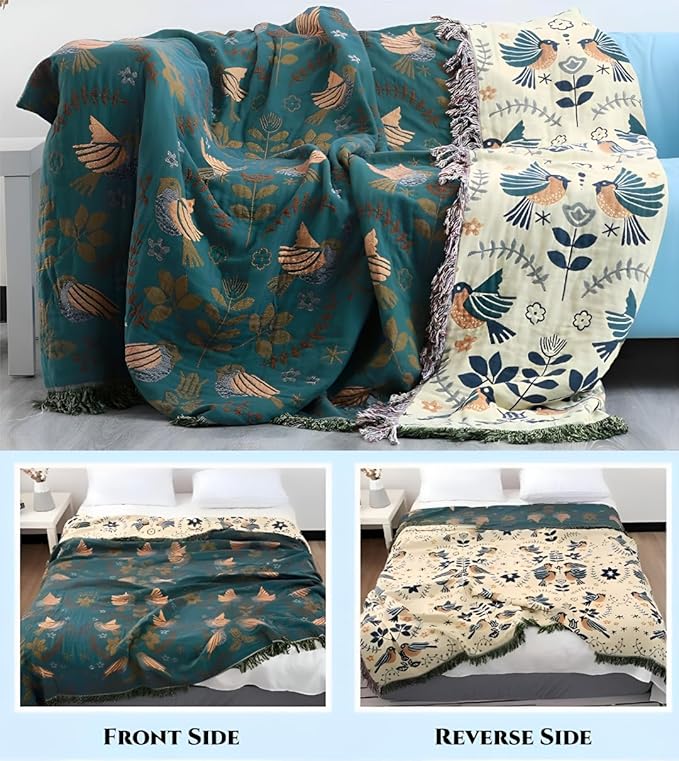Boho Throw Blankets 100% Cotton for Bed Couch 90"x98", Reversible and Soft Mexican Blankets Lightweight Muslin Blankets Farmhouse Warm Throws Gifts for Women Mom