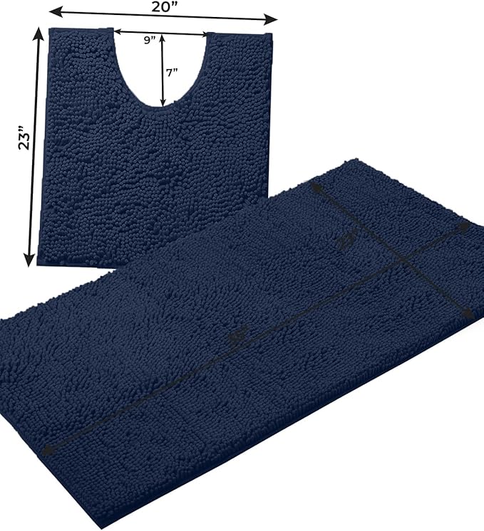 Bathroom Rugs Sets 2 Piece, Luxury Chenille Bath Mat Set, Soft Plush Anti-Slip Bath Rug + U-Shaped Toilet Mat. Microfiber Shaggy Carpet, Super Absorbent (24” x 36” & 20” x 24” U, Navy)