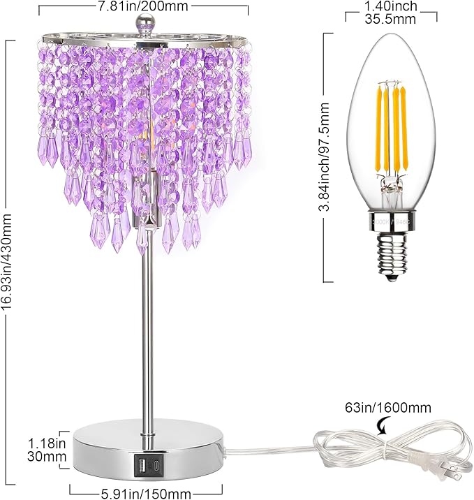 USB Bedside Crystal Lamp, 3 Way Dimmable Touch Nightstand Lamp with Dual USB Charging Ports, Lavender Table Lamp Decorative Accent Lamp Silver for Bedroom, Living Room, Office, B11 LED Bulb Included