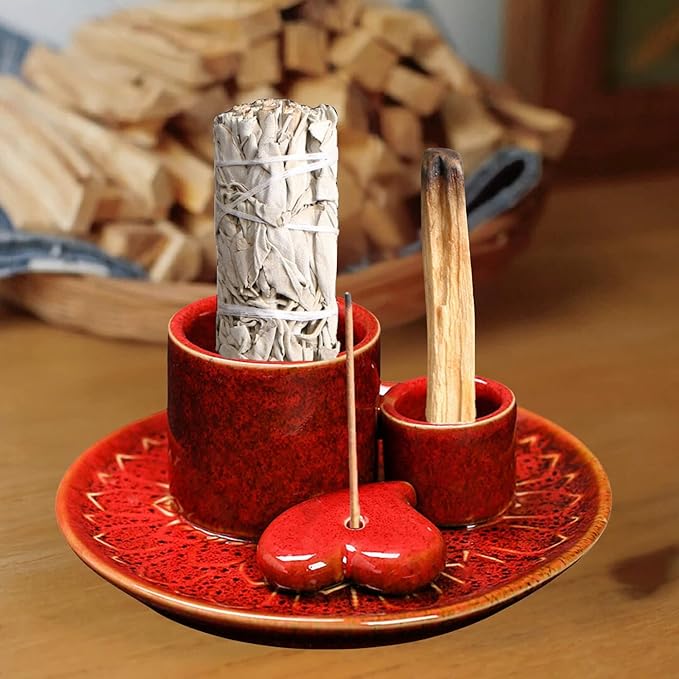 Aimery 4 in 1 Incense Burner Holder, Incense Stick & Palo Santo Holder, Ceramic Incense Holder Ash Catcher, Red