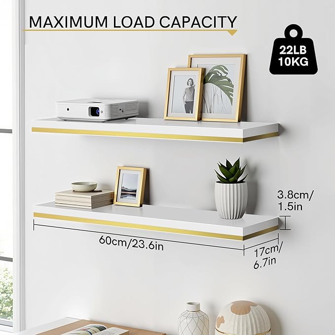 Gronda Floating Shelves for Wall, 23.6 Inch White Floating Shelves Modern Home Decor Hanging Storage Organizer with Invisible Bracket Wall Mount for Bedroom Living Room Bathroom Kitchen, Set of 2