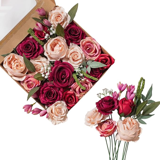 FANKO Rose Artificial Flowers Combo for DIY, Fake Red Rose Artificial Silk Flowers with Greenery, Real Looking Artificial Faux Flowers for Wedding, Table Decoration, Centerpieces, Party, Home Décor