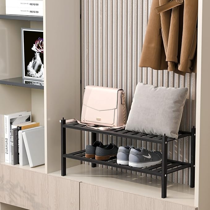 Shoe Rack, 2-Tier Bamboo Stackable Shelf Storage Organizer, Stand for Closet, Entryway and Hallway (Black)