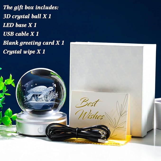 Movdyka Sea Turtle Gifts for Women Men 3D Sea Turtle Decor Statue Crystal Ball Night Light, Laser Engraved Sea Turtle Ornament Figurine Glass Snow Globe Room Decorations Crafts
