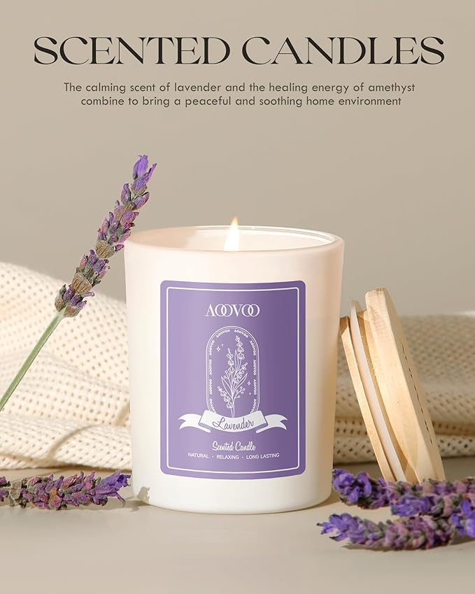 AOOVOO Lavender Scented Candles for Women - Aromatherapy Candle with Crystals Inside, 7oz Soy Candles for Home Scented, Birthday Gifts Mothers Day Candle for Women Mom