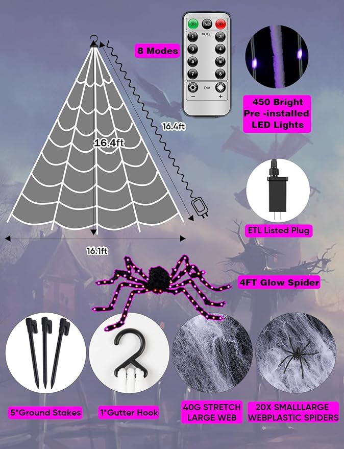 Spider Webs Halloween Decorations Lights - 450 LEDs Outdoor Halloween String Lights with 60" Light Up Spider,8 Modes Remote Control 16.4Ft Spiderweb,Waterproof (New Orange-Purple Grid Luminous Net)