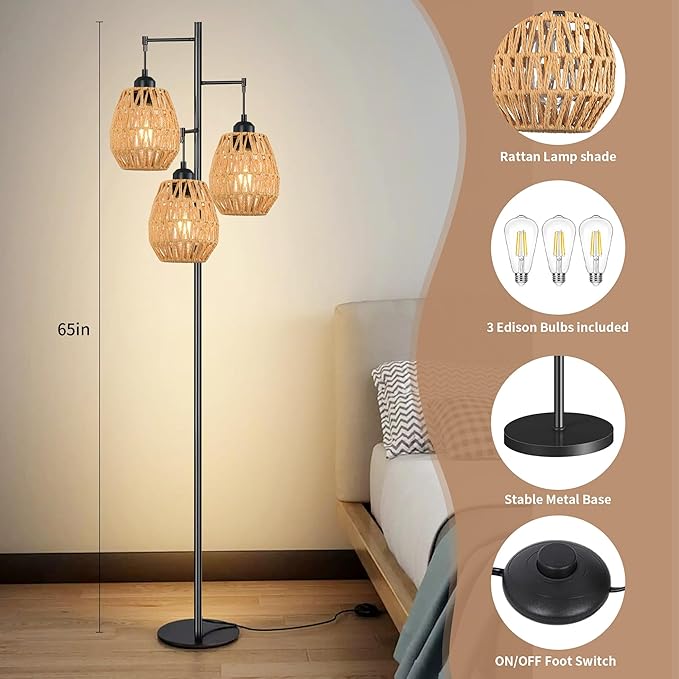 Boho Floor Lamp for Living Room,Industrial Rattan Floor Lamp with 3 Rattan Woven LampShade,Black Standing Lamp Rustic Tall Lamp Light Wicker Tree Floor Pole Lamp for Bedroom,Office,Corner