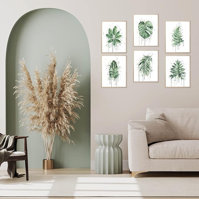 HoozGee Sage Green Leaf Poster Watercolour Splash Botanical Plant Wall Art Print Boho Plant Wall Decor Canvas Leaves Prints for Kitchen Bedroom Livingroom Office Wall Decor (11"x14" UNFRAMED)
