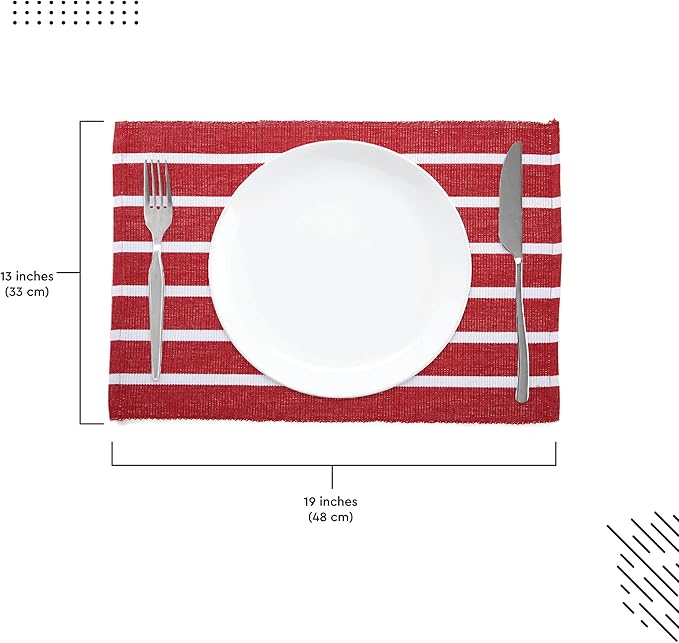 Encasa XO Dining Placemat Set of 6 | Roma Red Stripes Color | Fine Ribbed Cotton Table mat | Size 19x13 in | Machine Washable