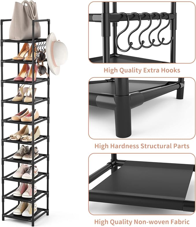 Tall Narrow Shoe Rack for Entryway, 10-Tier Sturdy Metal Shoe Shelf Storage 10-15 Pairs of Shoes and Boots, Space Saving Corner Shoe Rack Organizer for Closet,Doorway,Garage,Living Room