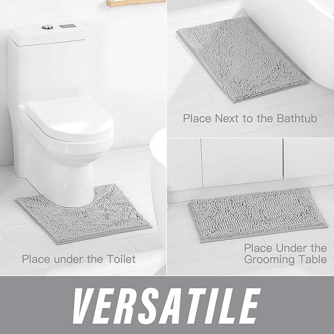 ZiYiJuan Bathroom Rugs, Super Absorbent Luxury Shaggy Chenille Bath Mats, (Light Gray,17x24+20x32(in)