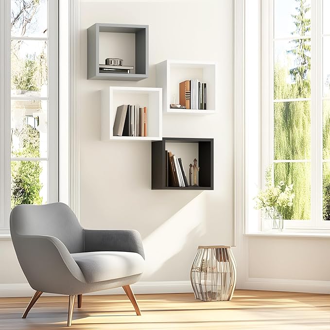 Kaboon Cube Shelves Set2, White Display Shelves Wall Mount 7.75" D x 12.5" W x 12.5" H, (White, Square 2 Cubes)