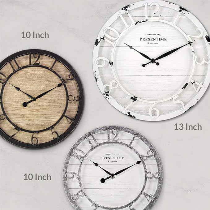 Presentime & Co 13" Farmhouse Series Wall Clock, Quartz Movement, Shiplap Style, Raised 3D Arabic Numeral, Antique Distressed White