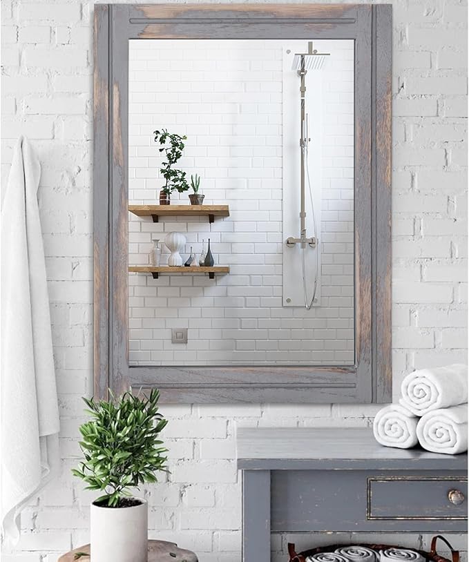 AAZZKANG Wood Framed Mirror Rectangular Rustic Wall Mirrors Decorative Large 28"x20" for Farmhouse Bathroom Living Room Bedroom Grey