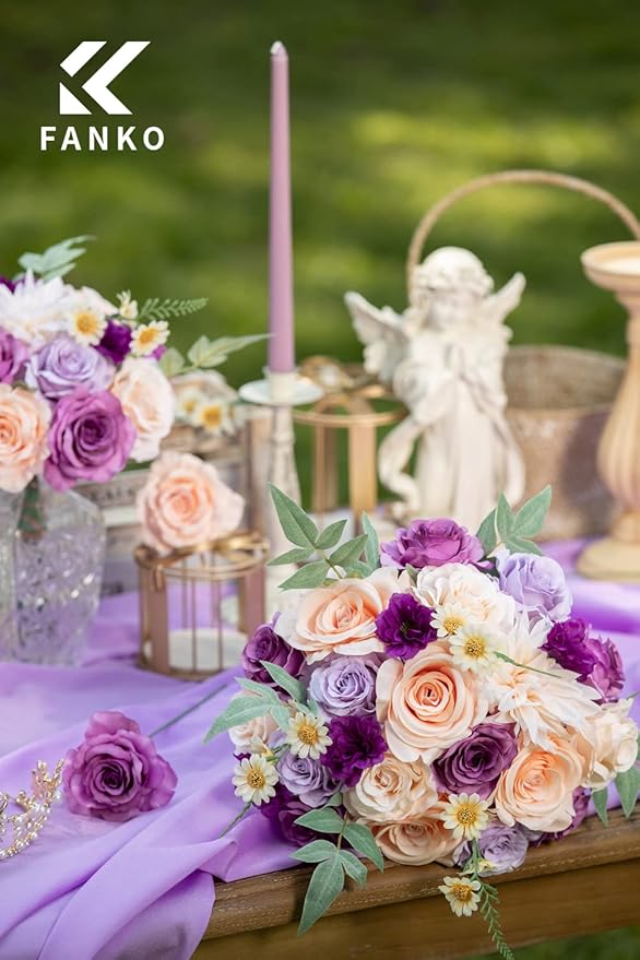 FANKO Rose Artificial Flowers Combo for DIY, Fake Purple Rose Artificial Silk Flowers with Greenery, Real Looking Artificial Faux Flowers for Wedding, Table Decoration, Centerpieces, Party, Home Décor