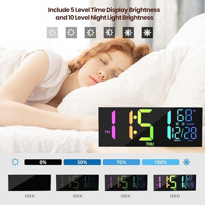 MEISD Digital Wall Clock, 13" Large Display Alarm Clock with Remote Control, RGB Colors, Dual Alarm, Auto-Dimming,Digital Clock with Night Light, Auto DST, Date Week,Gift for Elderly