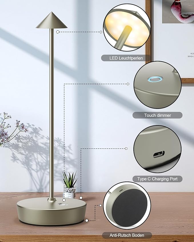 Cordless Table Lamps Rechargeable, 6000mAh Battery Operated LED Desk Lamp Outdoor Waterproof Portable Touch Dimmable Table Night Light for Patio Restaurant Dining Home Silver