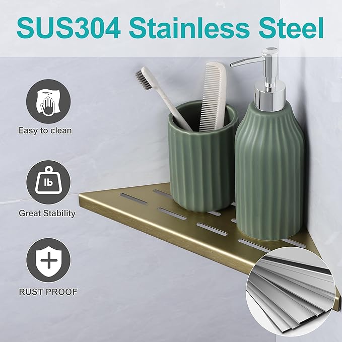 10" Corner Shower Shelf, 2-Pack Bathroom Shelves for Tile Walls, SUS304 Stainless Steel Recessed Shower Shelf, Grout in Corner Organizer Shelves, Brushed Gold