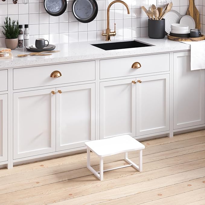 Wooden Step Stool with 500 Pounds, Wide Bed Step Stool for Adults,Wood White Step Stool&Stable Solid Metal Frame for Kitchen, Bedroom, Living Room, Bathroom