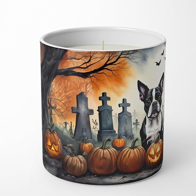 Caroline's Treasures DAC2023CDL Boston Terrier Spooky Halloween Decorative Soy Candle Nature Soy Wax Essential Oil Home Decor Ideal for Bedroom Kitchen Bath Office Gift, 10 oz